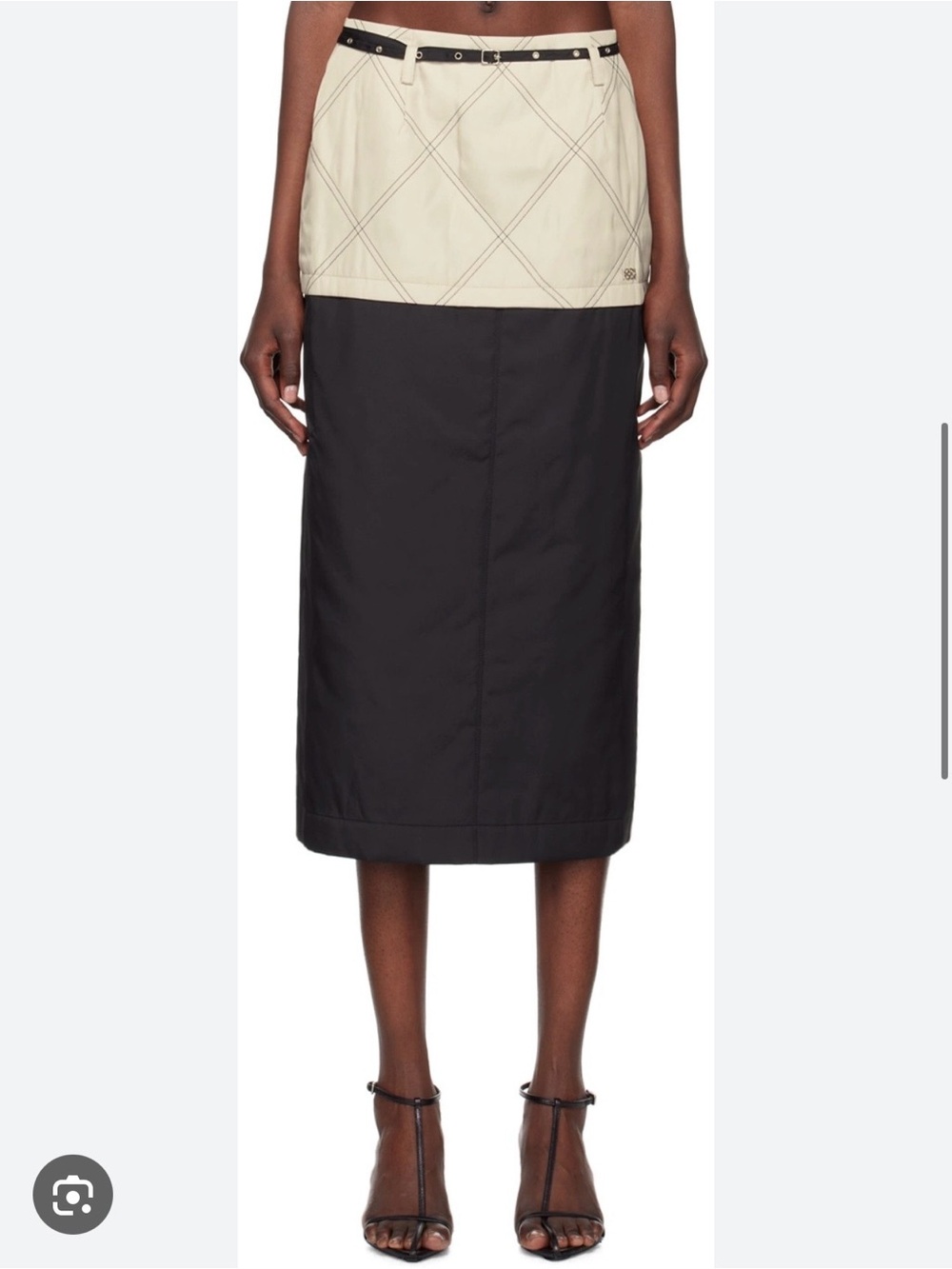 Two-Tone Cream and Black Midi Skirt with Quilted Waistband